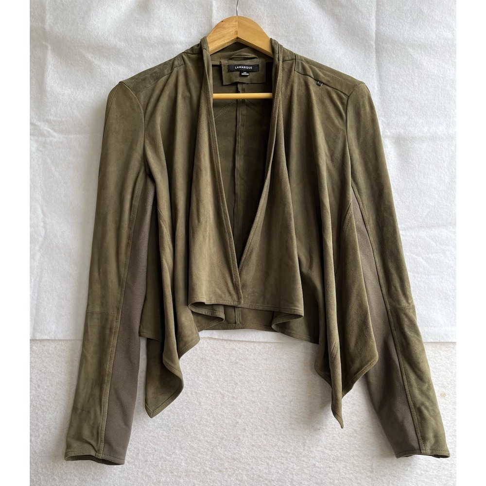 LAMARQUE Madison Leather Jacket M Olive Draped Open Front Suede Moto